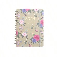1pc 2024 Planner & Schedule & Floral Diary Notebook & Coil & Weekly Planner & Memo Pad - Apricot - View 1