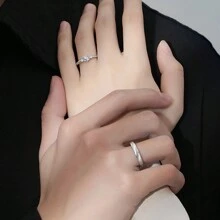 1 Set de anillos ajustables con piedras de Rhinestone para parejas, de diseño sencillo y fresco, para el Día de San Valentín, "Amor a primera vista" - Plata antigua - Ver 6