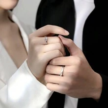 1 Set de anillos ajustables con piedras de Rhinestone para parejas, de diseño sencillo y fresco, para el Día de San Valentín, "Amor a primera vista" - Plata antigua - Ver 2