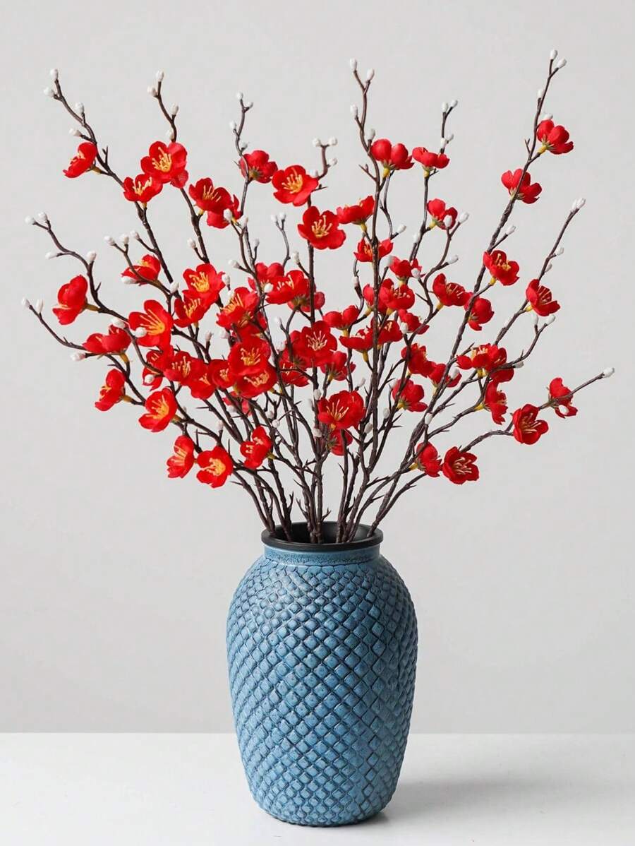 2 Pcs Artificial Flowers Red Plum Blossom 21.7'' Fake Winter Sweet Long Stem Plastic Flowers Home Hotel Office Wedding Party Garden Decor Gifts Birthday Graduation