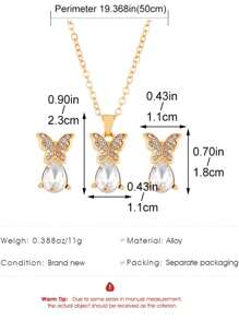 3入組/套新款蝴蝶形狀鑽石與水滴形狀珠寶套裝,創意設計蝴蝶吊墜項鍊和耳環套裝,適用於女性 - 鑲鑽蝴蝶水滴首飾套裝 - 查看 7