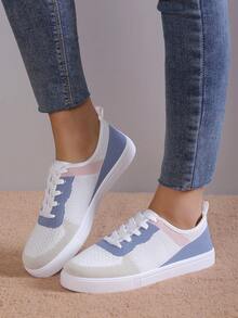 全新女款英倫風繫帶織品運動鞋,圓頭低筒厚底防滑鞋,時尚透氣厚底學生鞋 - 彩色 - 查看 2