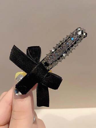 2pcs/Set Elegant Hair Clips For Girls, Velvety Bow With Rhinestone Detail
