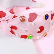 1pc Valentine's Day Heart Shaped Hairband With Wide Knot, Rhinestone & Pearl Decor, Soft Fabric, Fashionable Sweet Girl Headband For Festivals, Parties, And Daily Wear - Yellow - View 5