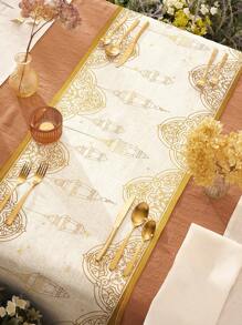 1pc Lamp Geometric Patterned Blessing Stars & Moon Printed Linen Table Runner, Suitable For Festival, Kitchen, Dining Room Table Decoration, Shoe Cabinet, Storage Cabinet, Four Seasons Table Runner - Multicolor - View 6