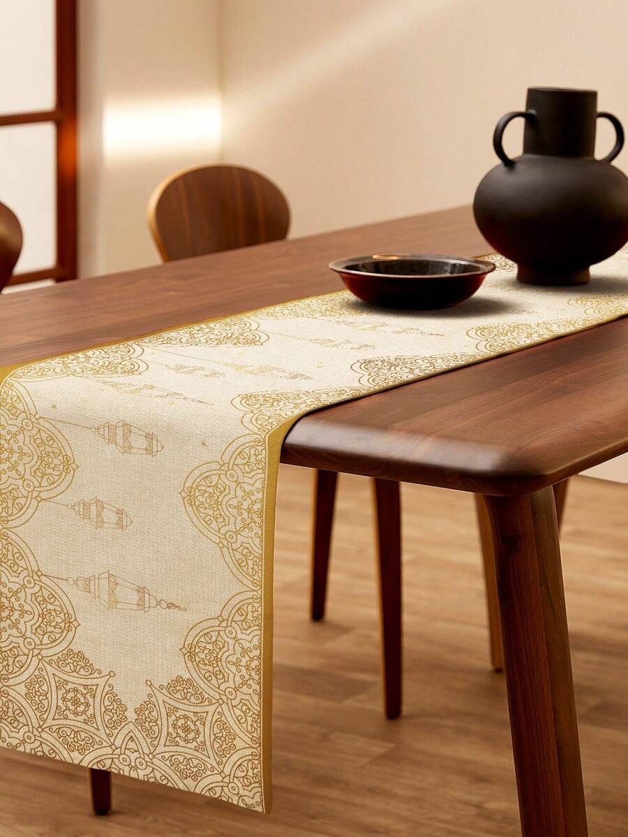 1pc Lamp Geometric Patterned Blessing Stars & Moon Printed Linen Table Runner, Suitable For Festival, Kitchen, Dining Room Table Decoration, Shoe Cabinet, Storage Cabinet, Four Seasons Table Runner - Multicolor - View 1