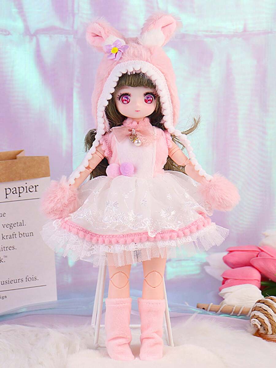 1入30cm Bjd 人偶卡通臉粉紅色萌系蘿莉塔裝人偶,可動關節和可更換衣服（1套裝） - 粉色 - 查看 1