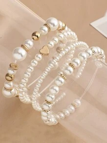 4 件套复古心形和人造珍珠串珠弹性手链优雅情人节 - 白色 - 查看 2