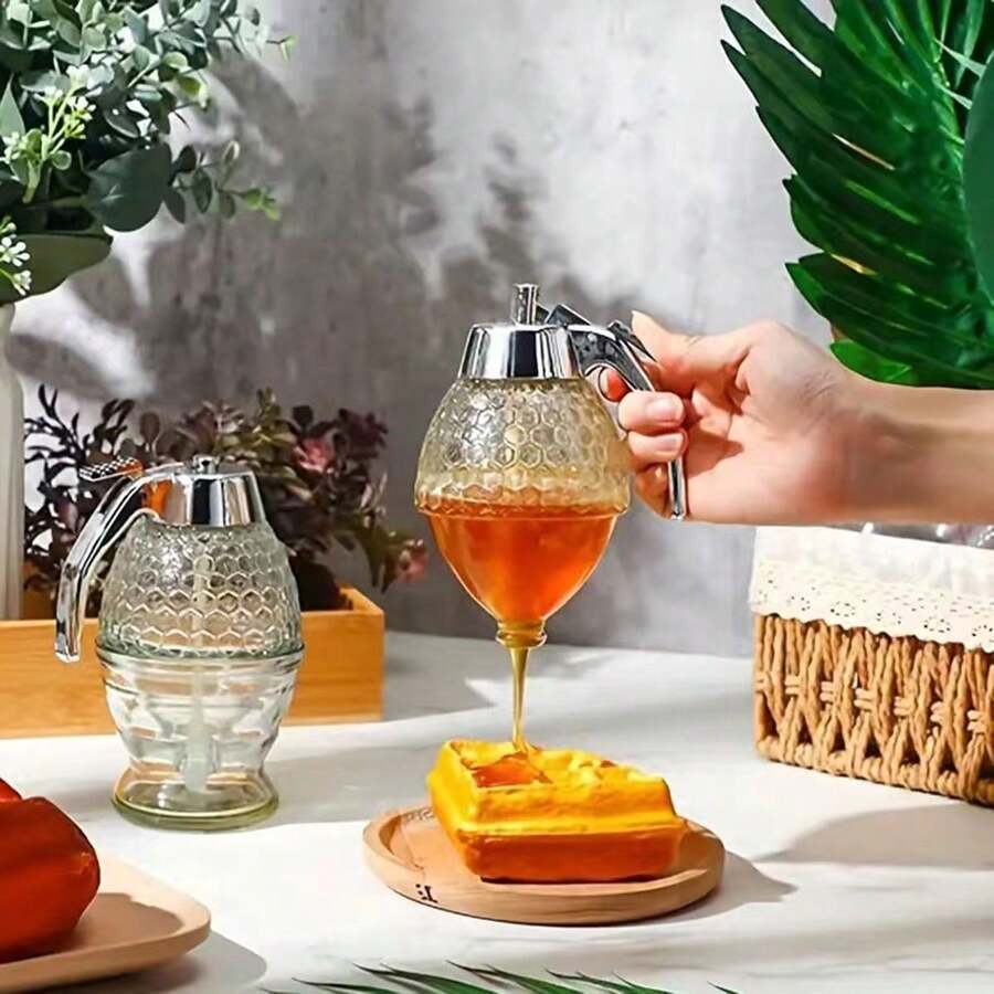 Creative Press-Type Glass Honey Jar, Sauce Bottle, Leakproof Dispenser With Funnel-Shaped Mouth, Syrup Pitcher, Comes With Base 1pc - Clear - View 1