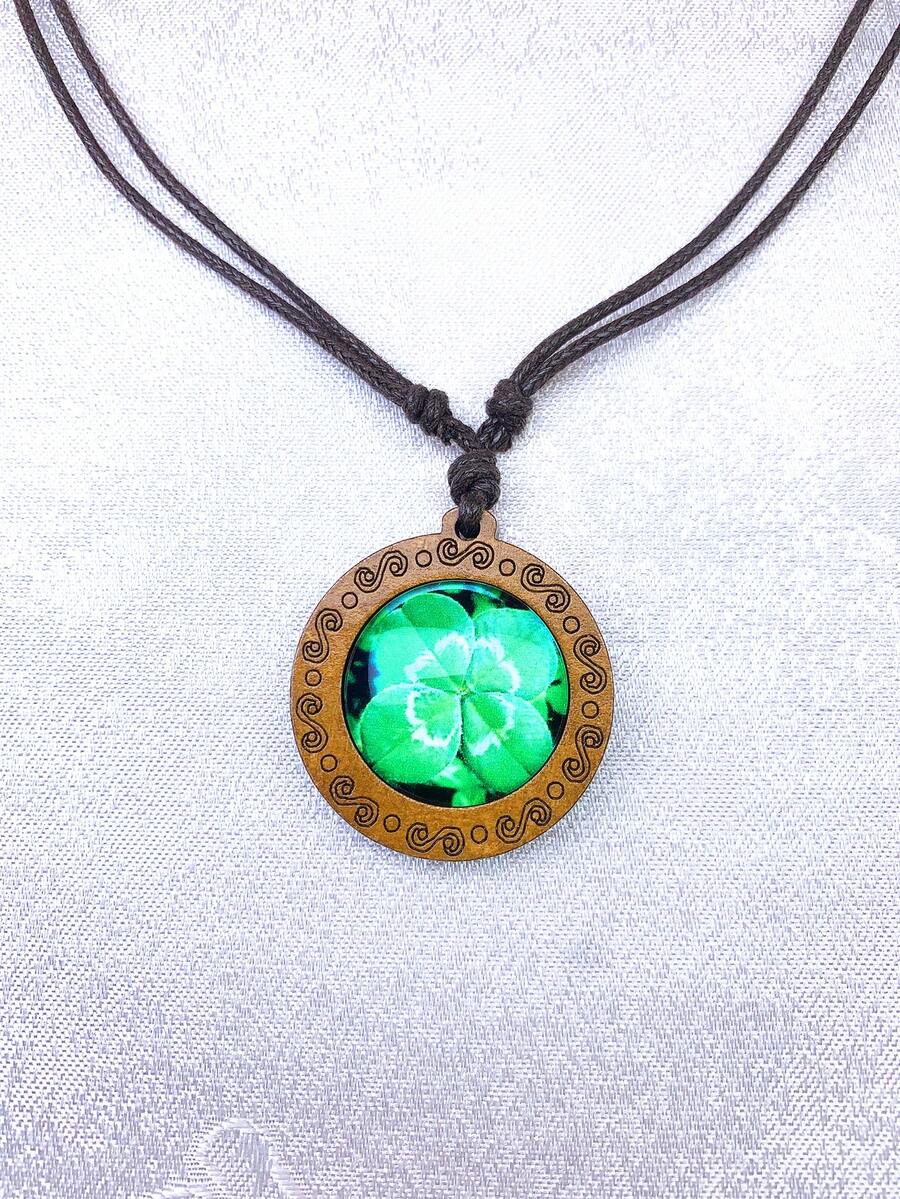 四葉草樹脂、壓克力和木質吊墜復古棕色蠟繩項鍊男女通用時尚配件 - 放大四葉草 - 查看 1