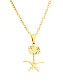 不銹鋼沙特阿拉伯國徽掛墜項鍊，時尚女性珠寶可用於派對或作禮物 - 金色 - 查看 5