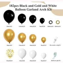 182件黑色和金色氣球花環弧套件,包括diy黑、白、金色5/10/12/18英寸氣球以及彩色碎屑氣球,非常適合新年夜、婚禮週年紀念日、生日派對裝飾 - 金色 - 查看 2