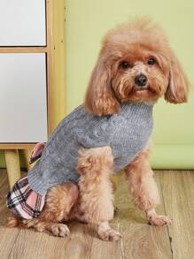 1件新款狗狗衣服 格紋拼接蝴蝶結寵物毛衣洋裝 高領保暖狗狗洋裝 秋冬適用 - 灰色 - 查看 4