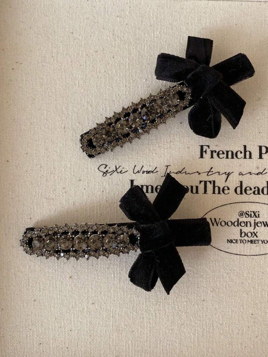 2pcs/Set Elegant Hair Clips For Girls, Velvety Bow With Rhinestone Detail