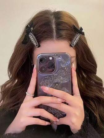 2pcs/Set Elegant Hair Clips For Girls, Velvety Bow With Rhinestone Detail