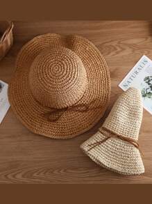 1頂女性寬邊草帽,可摺疊夏季海灘遮陽帽,實色和帶子裝飾,適用於海灘或釣魚等戶外活動波霍風格 - 米色 - 查看 4