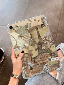 Funda de tablet impresa con collage de periódico viejo, de concha suave y amarillenta, compatible con iPad - Multicolor - Ver 1