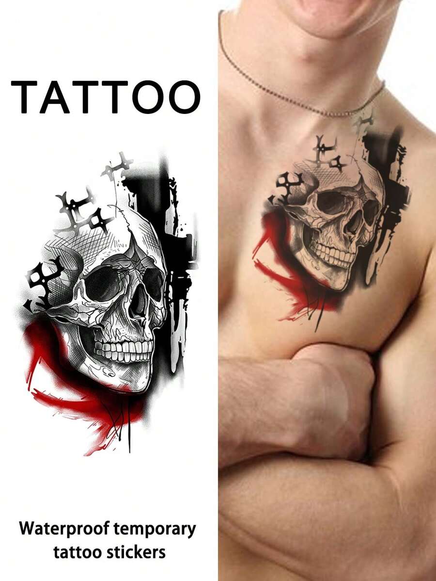 1 Piece Skull Tattoo Sticker Waterproof Long-Lasting Handsome For Male Arm Chest - Multicolor - View 1