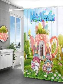 1pc Easter Rabbit Series Rose Petal Waterproof Polyester Shower Curtain For Bathroom With Hooks - Apricot - View 5