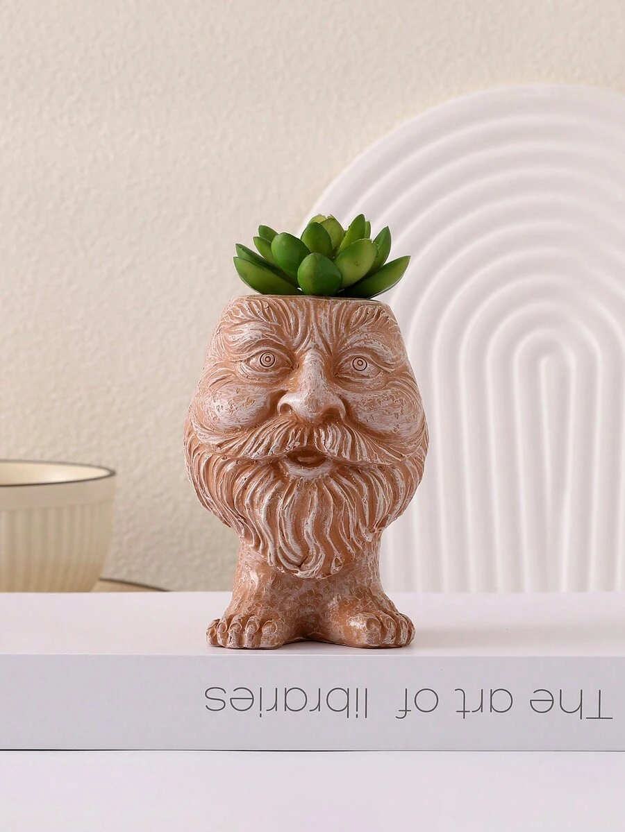 1pc Creative Resin Funny Face Sculpture Outdoor Courtyard Decoration Planter - Brown - View 1