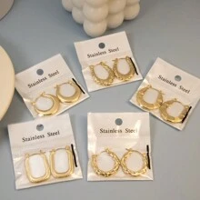 5對簡約不銹鋼圓形/方形/扭結油壓環耳環套裝 - 金色 - 查看 17