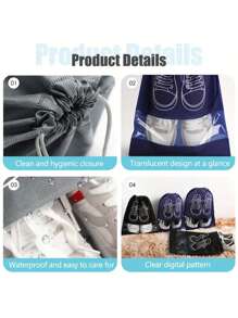 5pcs Gray Shoe Storage Bags With Drawstring, Non-Woven Fabric, Dust-Proof, , For Home And Travel