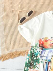 2入組/套青少女印花t恤,配以肖像和淺色捲邊牛仔短褲,適用於休閒夏季服裝