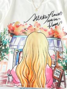 2入組/套青少女印花t恤,配以肖像和淺色捲邊牛仔短褲,適用於休閒夏季服裝