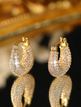 1 Pair Luxury Inlay Full Cubic Zirconia U Shape Hoop Earrings For Women Valentine's Day Gift Jewelry Valentines