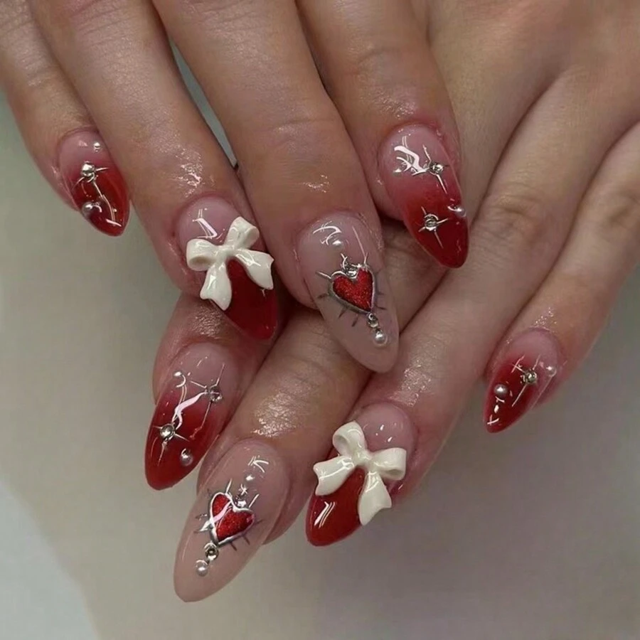 24入組情人節紅色漸層戳對膠假指甲,帶有心形和3d蝴蝶結裝飾,中號杏仁形狀的女性女孩美甲 - 紅色 - 查看 1