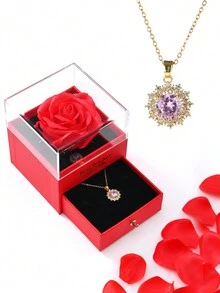 1入裝紅玫瑰禮盒包裝的銅合金項鍊,飾有立體氧化鋯石花墜,18k電鍍金,情人節情侶禮物 - 紅色 - 查看 2