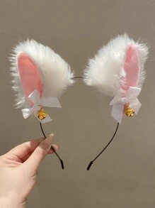 1入組女性可愛毛絨貓耳頭帶,帶鈴鐺,適用於角色扮演、派對等場合 - 白色 - 查看 1