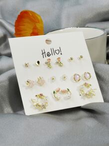 8pairs/Set Zinc Alloy Gold-Plated Butterfly & Flower & Heart Shaped Stud Earrings, Cute And Suitable For Women's Daily Wear Valentines