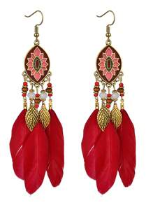 1對復古風格公雞羽毛耳環,刻花細節和珠子吊墜,適合女性日常佩戴 - 復古風 - 查看 15