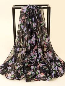 1pc Lady's Chiffon Sunscreen Scarf Thin Shawl For Travel And Photography, Design - Black - View 4