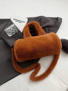 Solid Plush Shoulder Bag, Fashionable Handbag, Versatile Bag, Crossbody Bag - Brown - View 6
