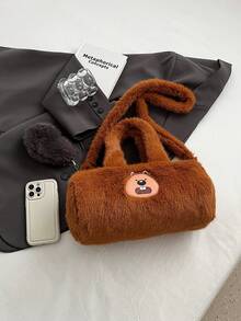 Solid Plush Shoulder Bag, Fashionable Handbag, Versatile Bag, Crossbody Bag - Brown - View 4