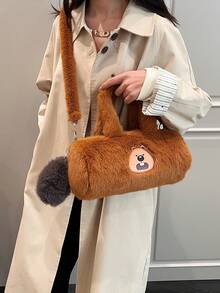 Solid Plush Shoulder Bag, Fashionable Handbag, Versatile Bag, Crossbody Bag - Brown - View 3