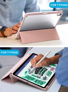 透明硅胶iPad保护套,三折设计带笔槽,透明后盖,超薄支架,防震防摔 - 粉色 - 查看 9