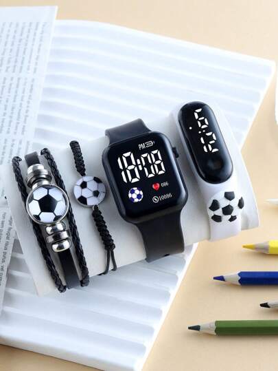 2pcs/Set Unisex Soccer Ball Decor Led Digital Electronic Watch & 2pcs/Set Football Design Bracelet, Suitable For Daily Wear
