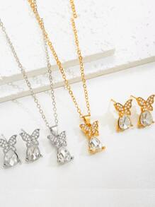 3入組/套新款蝴蝶形狀鑽石與水滴形狀珠寶套裝,創意設計蝴蝶吊墜項鍊和耳環套裝,適用於女性 - 鑲鑽蝴蝶水滴首飾套裝 - 查看 1