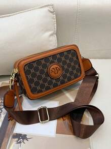 European And American Vintage Fashionable Women's Cross-Grain Print Small Square Bag With Wide Strap, Shoulder & Crossbody Camera Bag - Brown - View 2