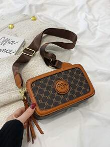 European And American Vintage Fashionable Women's Cross-Grain Print Small Square Bag With Wide Strap, Shoulder & Crossbody Camera Bag - Brown - View 5
