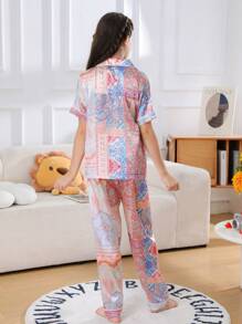 Tween Girl Satin Pajama Set Long Pants Silk Button Style Short Sleeved Cardigan Top Suitable For Children Aged 8-13 Summer Two Pieces Sets Loungewear