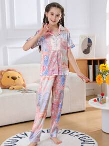 Tween Girl Satin Pajama Set Long Pants Silk Button Style Short Sleeved Cardigan Top Suitable For Children Aged 8-13 Summer Two Pieces Sets Loungewear