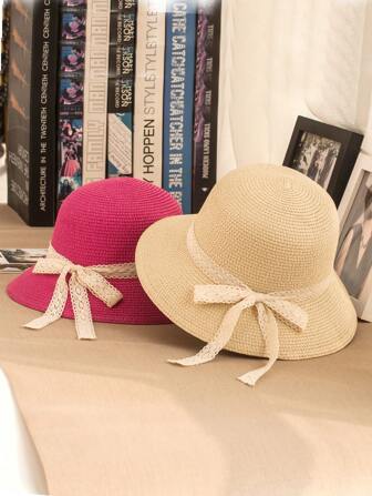 1入韓國風格防曬草編帽，蝴蝶結風格，可折疊，適用於夏季海灘假期