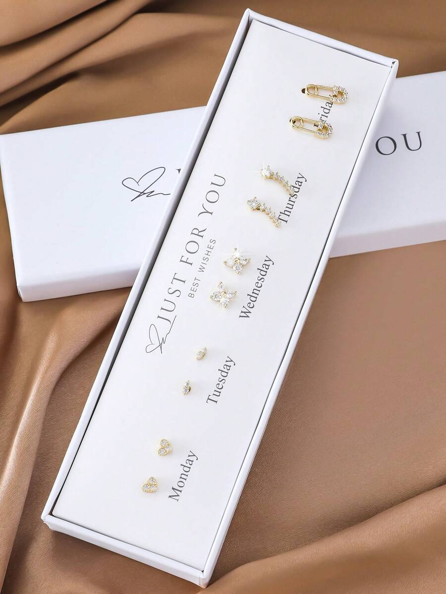 5對每週禮盒套裝,包含心形、花朵和方形鋯石耳釘,適用於女性日常裝扮和送禮 - 金黃色 - 查看 1
