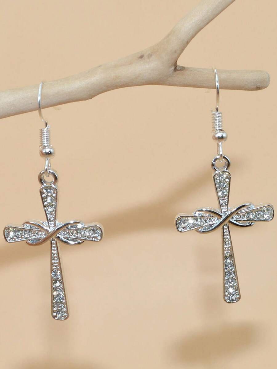 1pair Cross-Shaped Earrings, Creative Design Ear Jewelry For Couples As Daily Wear Gift - Silver - View 1