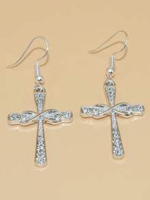 1pair Cross-Shaped Earrings, Creative Design Ear Jewelry For Couples As Daily Wear Gift - Silver - View 4