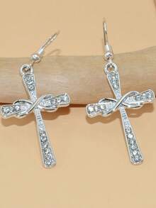 1pair Cross-Shaped Earrings, Creative Design Ear Jewelry For Couples As Daily Wear Gift - Silver - View 2